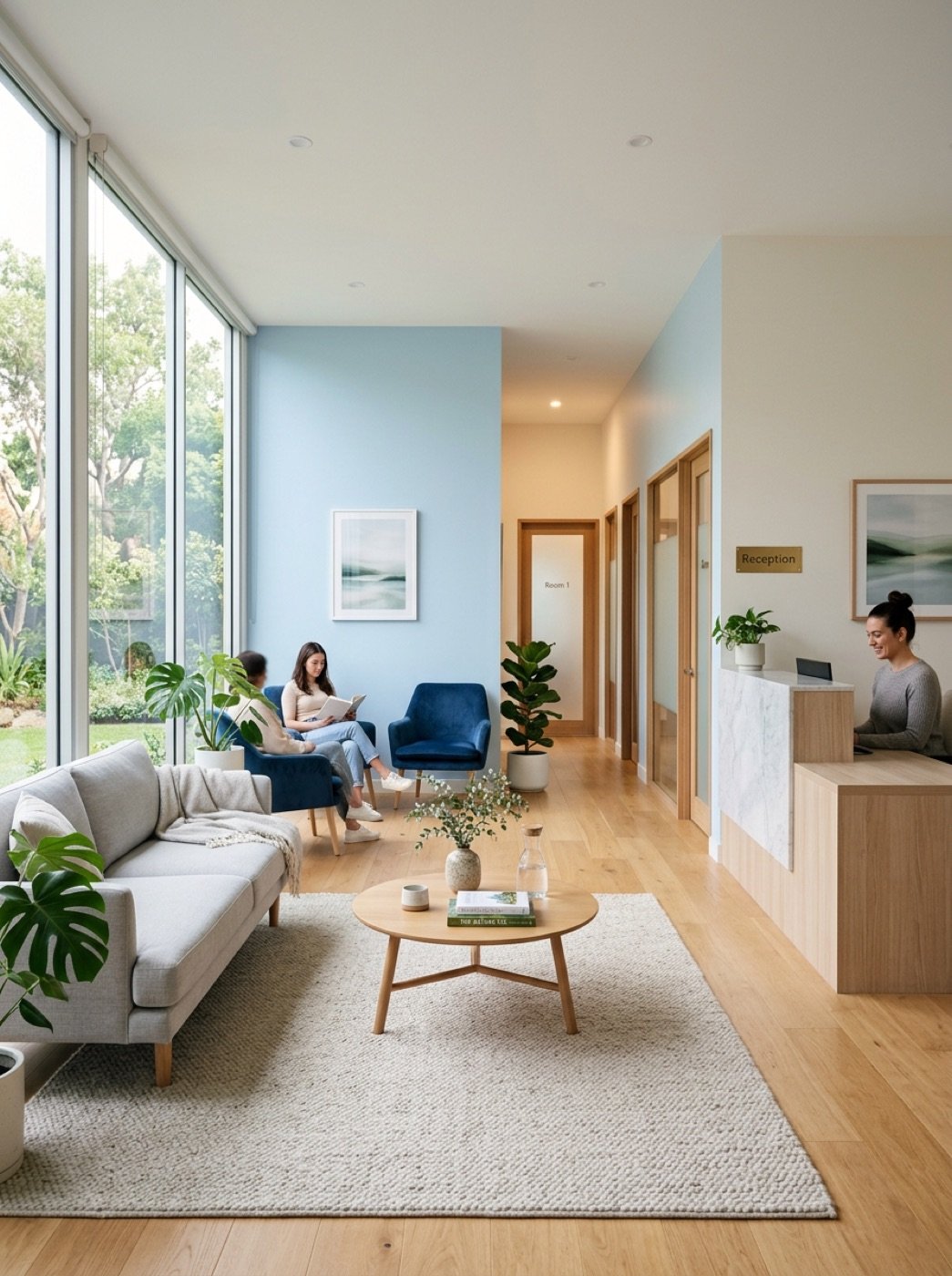 Warm, modern therapy room used for return-to-work psychotherapy sessions